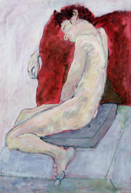 Elizabeth Cope: Sleeping nude: Leo lying on red cushion, 1975, oil on canvas, 121.9 x 91.4 cm